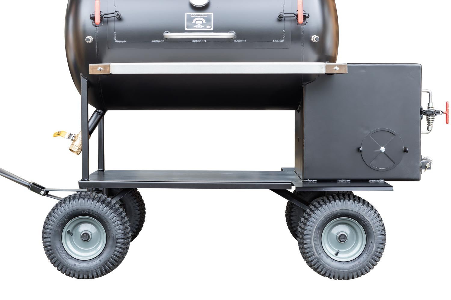 Close-up of the black steel lid latch and textured surface of Meadow Creek TS70P offset smoker, showcasing durable metal
