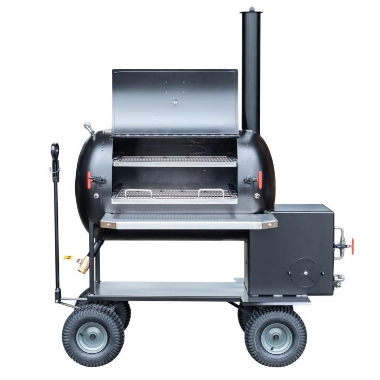 Close-up of the black steel firebox latch and textured surface on Meadow Creek TS70P Offset BBQ Smoker side panel showing