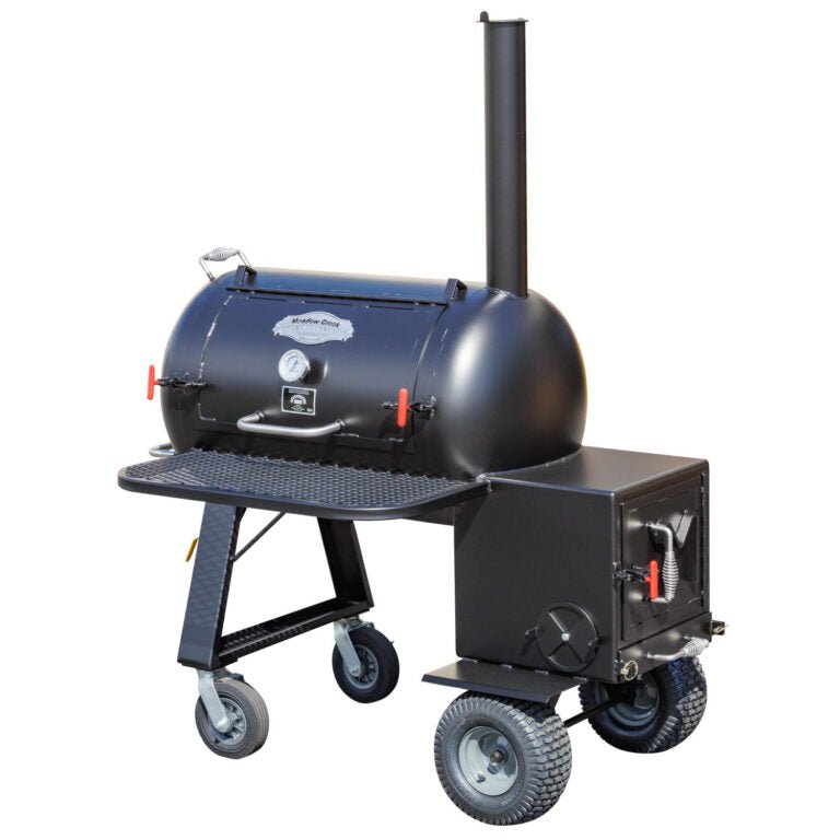 Meadow Creek TS70P offset BBQ smoker with black steel body, stainless steel smoking chamber, and metal side shelves
