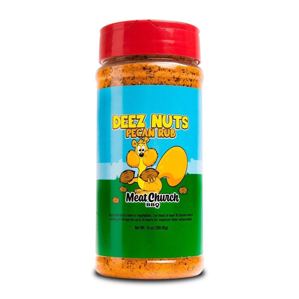 Meat Church BBQ Deez Nuts Pecan Rub 14oz jar with textured label, crafted for pork, poultry, and seafood grilling