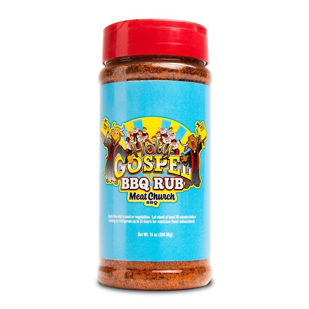 Meat Church Holy Gospel BBQ Rub 12.5oz jar with textured black label, containing hand-crafted blend of spices for beef
