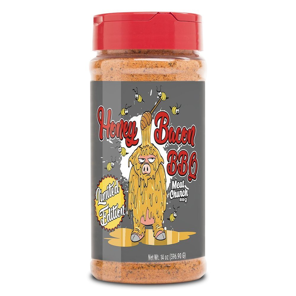 Meat Church BBQ Honey Bacon Rub 13oz jar with textured label, black and gold packaging, ideal for pork, poultry, and seafood