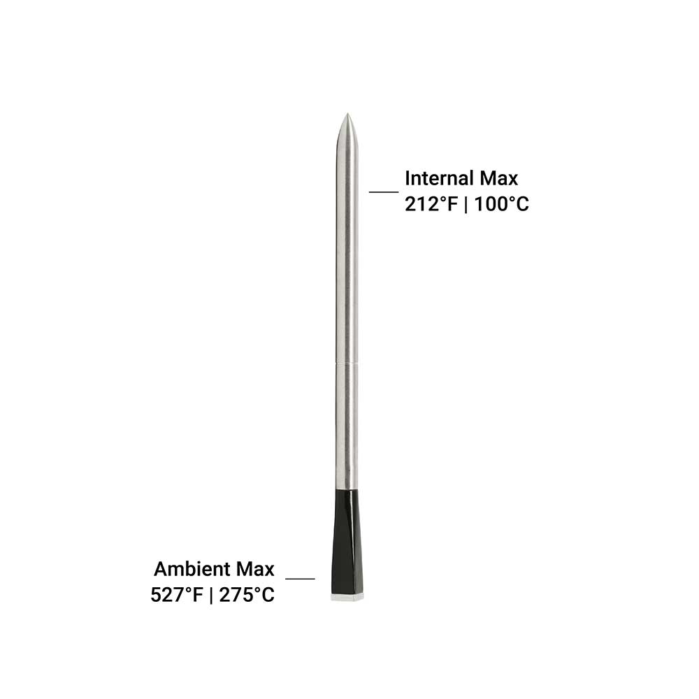 Close-up of MEATER Plus probe tip showing textured stainless steel surface and precise temperature sensor details