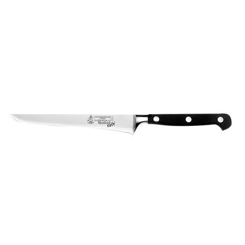 Close-up of the Messermeister Meridian Elite 6" flexible boning knife's textured, curved blade edge showing precise