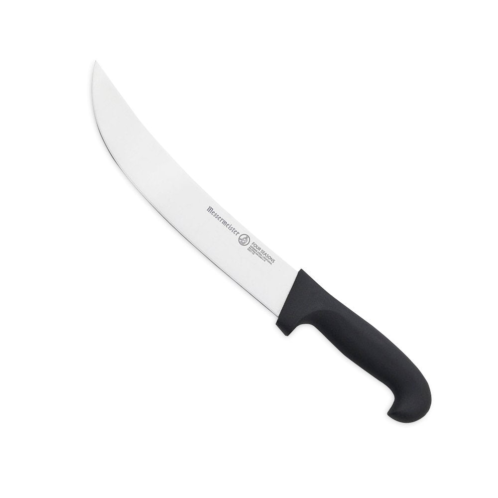 Messermeister Pro Series 10-inch stainless steel scimitar knife with black textured handle and curved blade