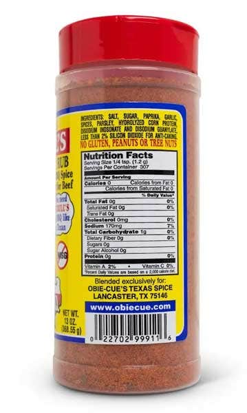 Close-up of Obie-Cue's Big Bulls Texas Brisket Rub 13oz label highlighting hand-crafted ingredients and rustic packaging