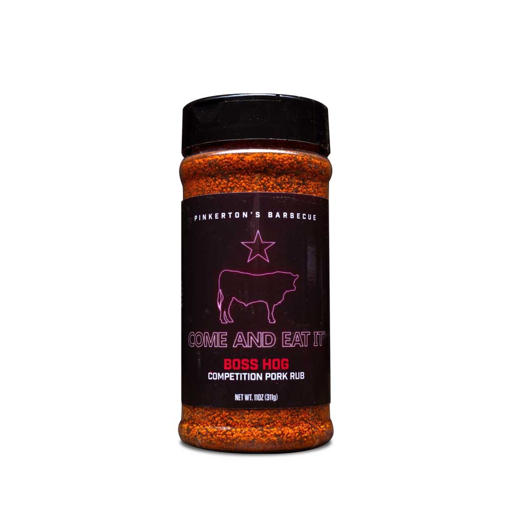 Pinkerton's BBQ Boss Hog Pork Rub in 11oz clear plastic jar with black lid, pink label with white text and pig logo