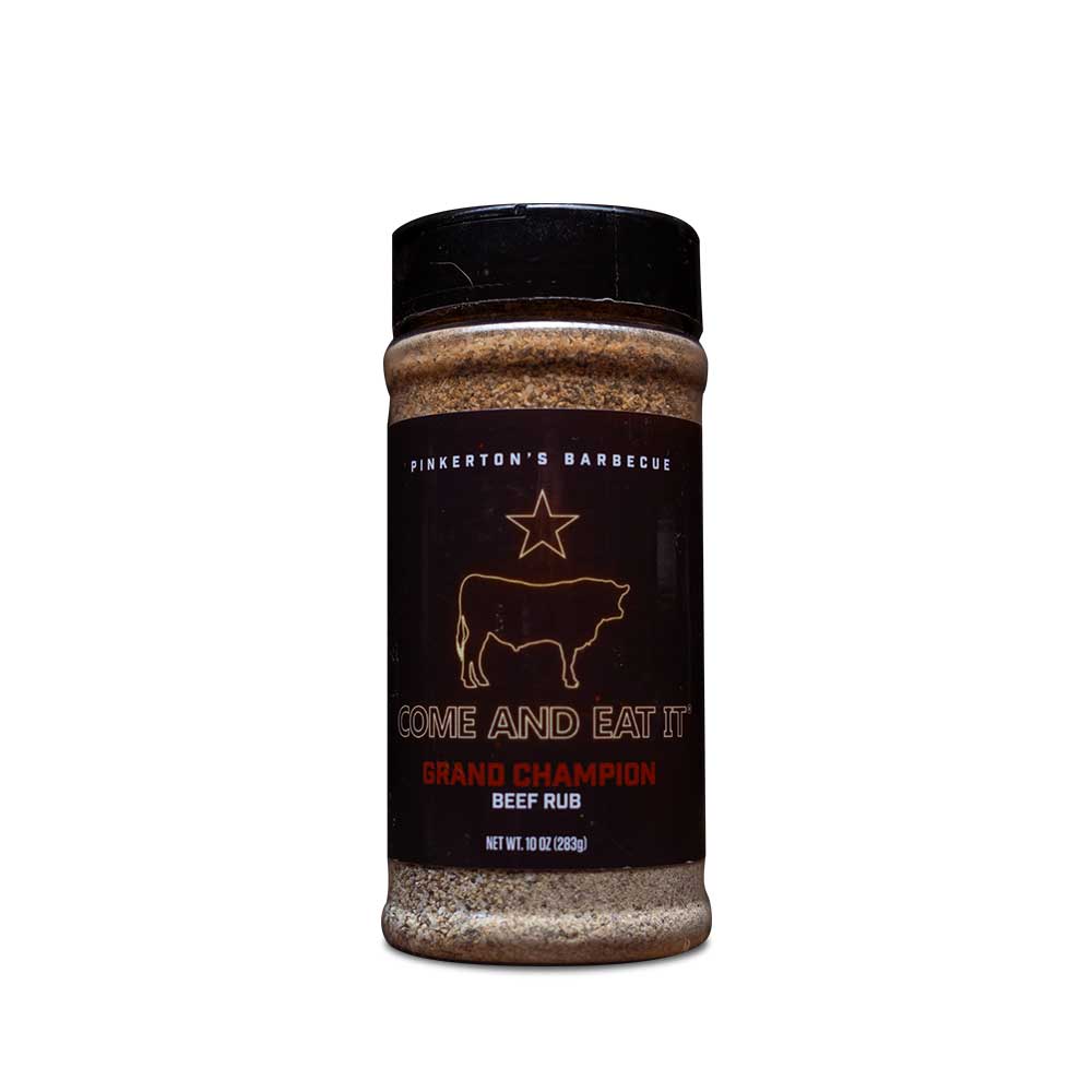 Pinkerton’s BBQ Grand Champion Beef Rub 10oz jar with pink label, textured spice blend for grilling and smoking meat