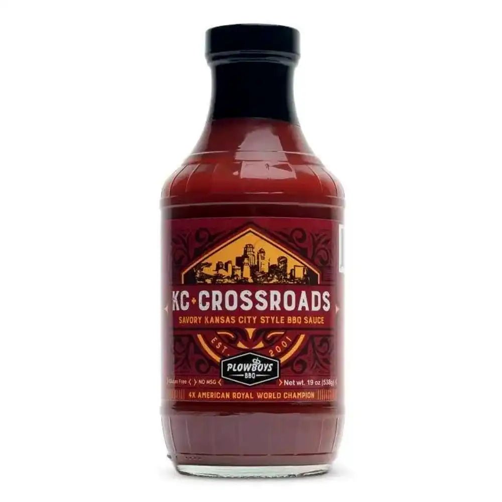Plowboys KC Crossroads BBQ Sauce 19oz bottle with hand-crafted label, made from locally-sourced ingredients for beef, pork