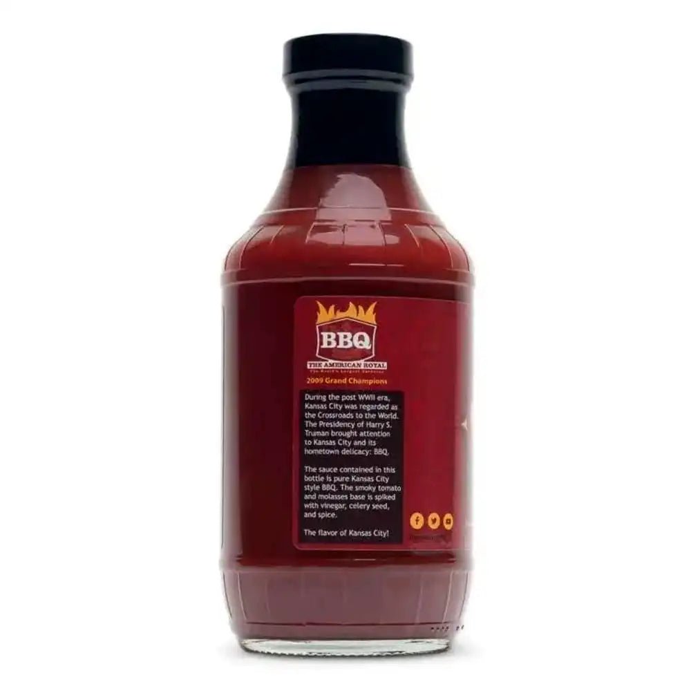 Close-up of the Plowboys KC Crossroads BBQ Sauce label highlighting ingredients and nutritional info on the 19oz bottle