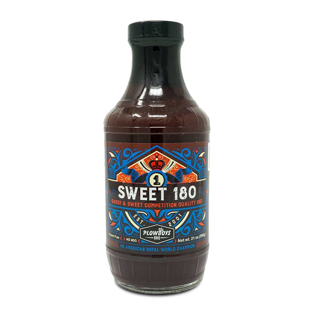 Plowboys Sweet 180 BBQ Sauce 16oz bottle with vibrant label, smooth sauce texture, and bold flavor branding for beef, pork