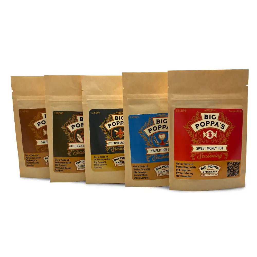 Big Poppa Smokers Pork Sampler Pack with assorted rubs and sauces in clear plastic packaging, colorful labels, and textured