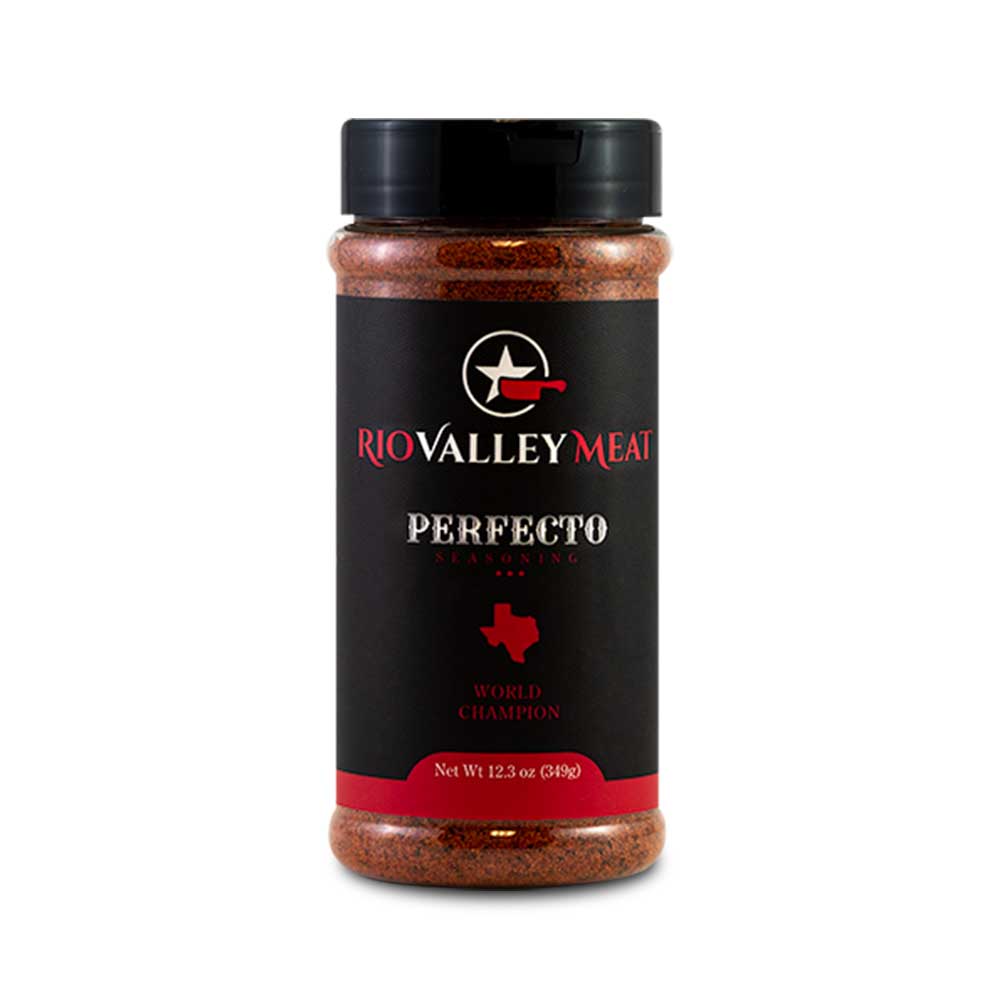 Rio Valley Meat Perfecto Seasoning 12.3oz jar with organic herbs, spices, and farm-raised ingredients for beef, pork, and