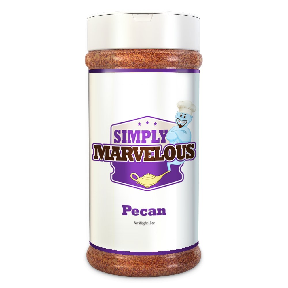 Simply Marvelous BBQ Pecan Rub 13oz jar with hand-crafted blend of organic spices for beef, pork, poultry, and seafood