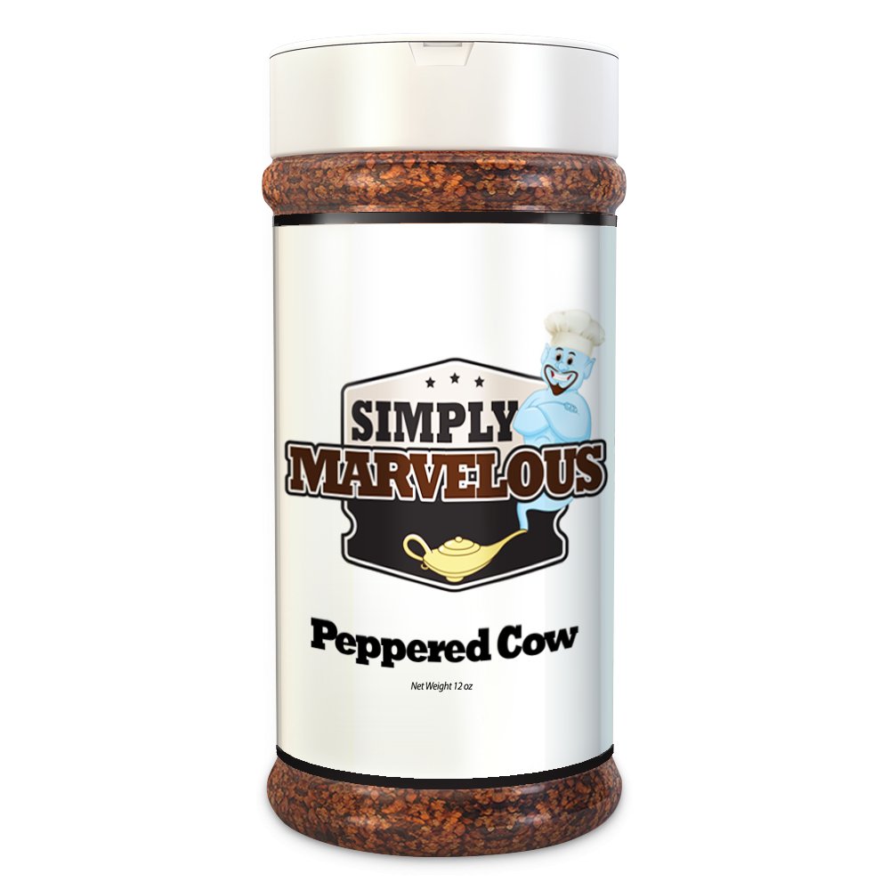 Simply Marvelous BBQ Peppered Cow Rub in 12oz bag, hand-crafted spice blend with cracked black pepper, ideal for beef