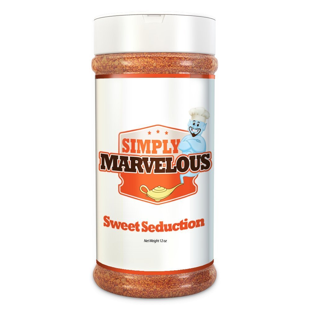 Simply Marvelous BBQ Sweet Seduction Rub 12oz jar, hand-crafted spice blend with organic sugars and flavorful seasonings for