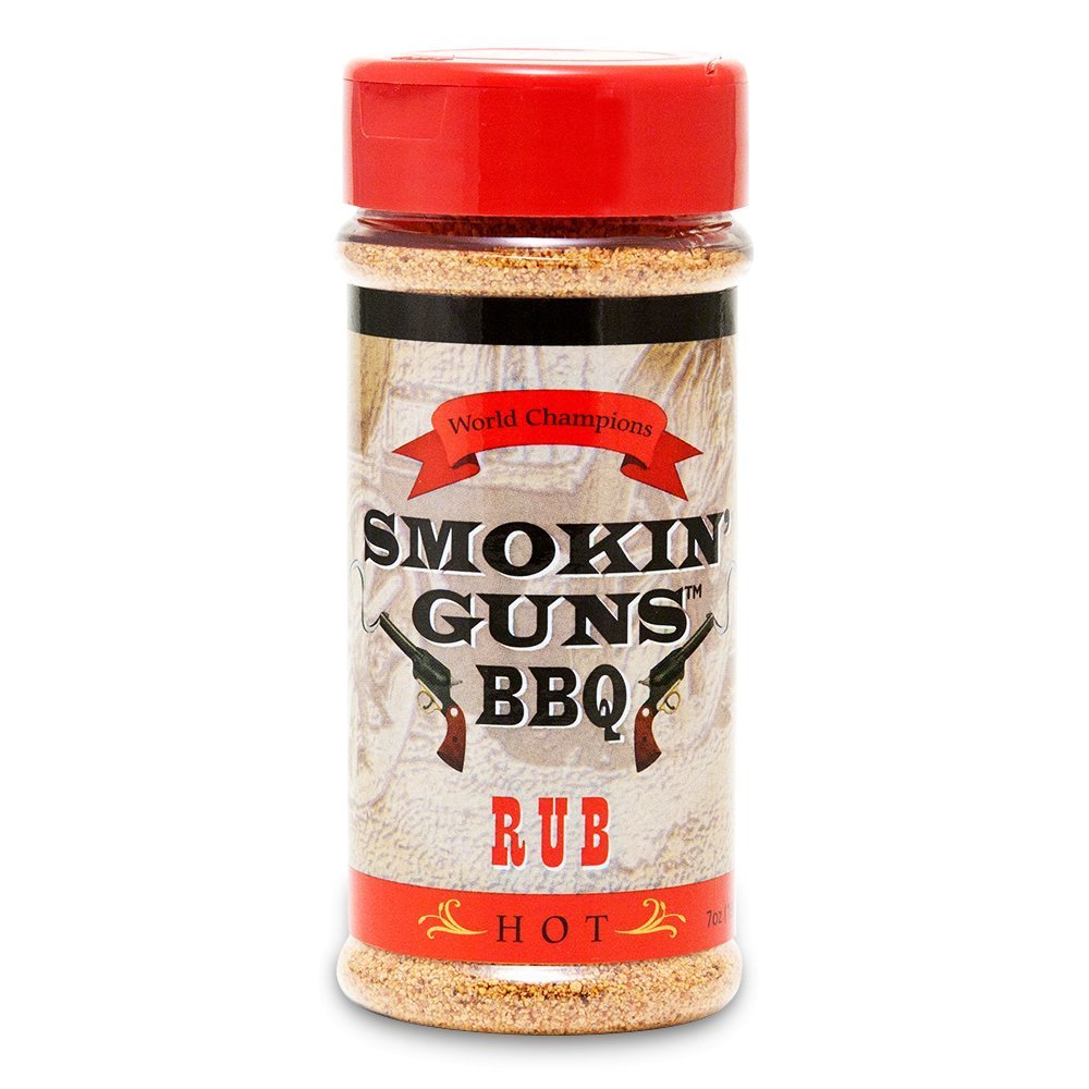 Smokin' Guns BBQ Hot Rub 7oz jar with textured black label, packed with handcrafted blend of spices for beef, pork, and