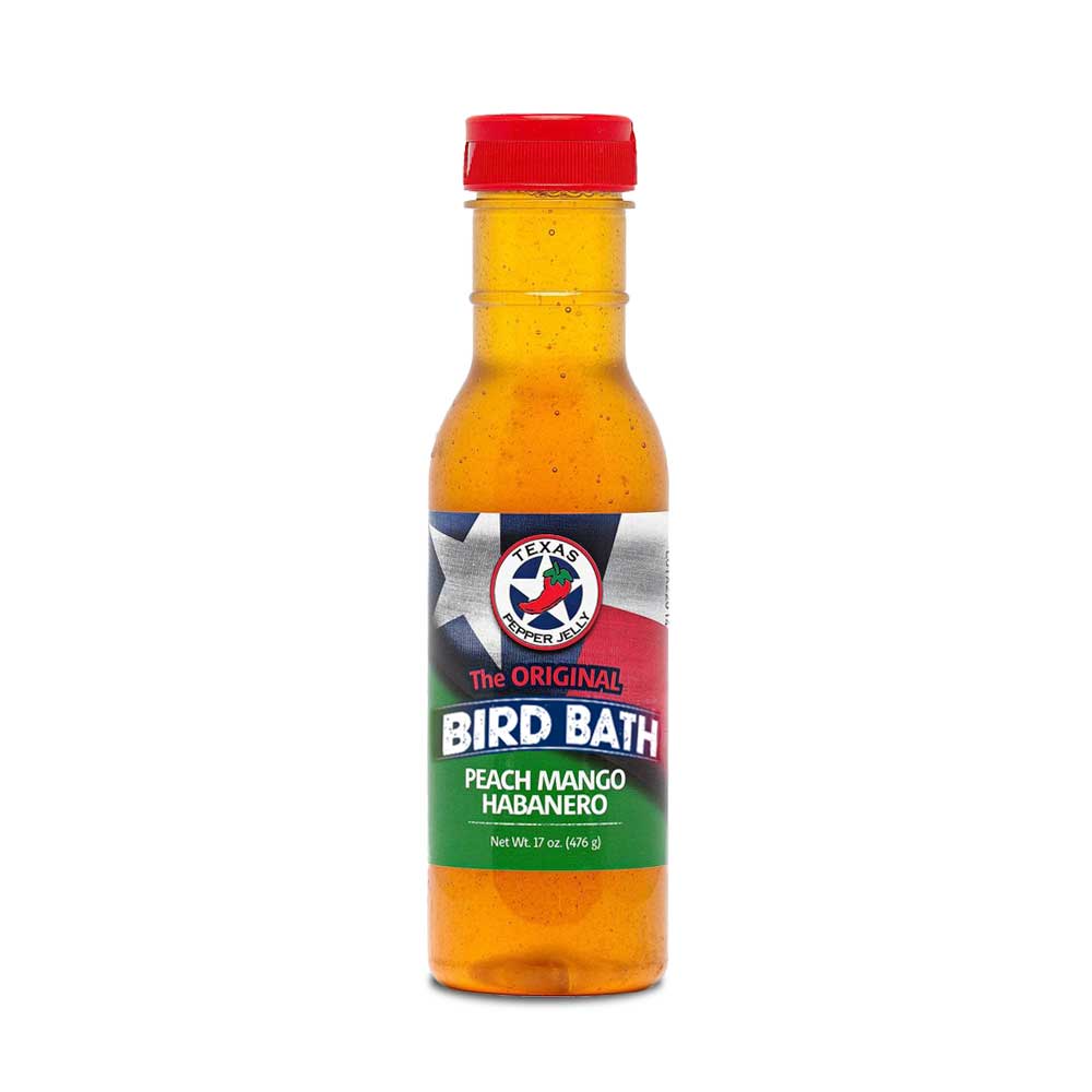 Texas Pepper Jelly Peach Mango Habanero Bird Bath 12oz jar of hand-crafted, fruity, spicy sauce for poultry, beef, pork, and