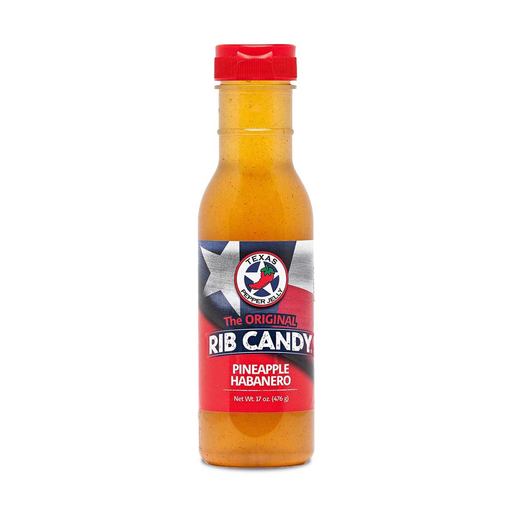 Texas Pepper Jelly Pineapple Habanero Rib Candy 12oz jar with vibrant yellow and orange label, spicy pineapple and