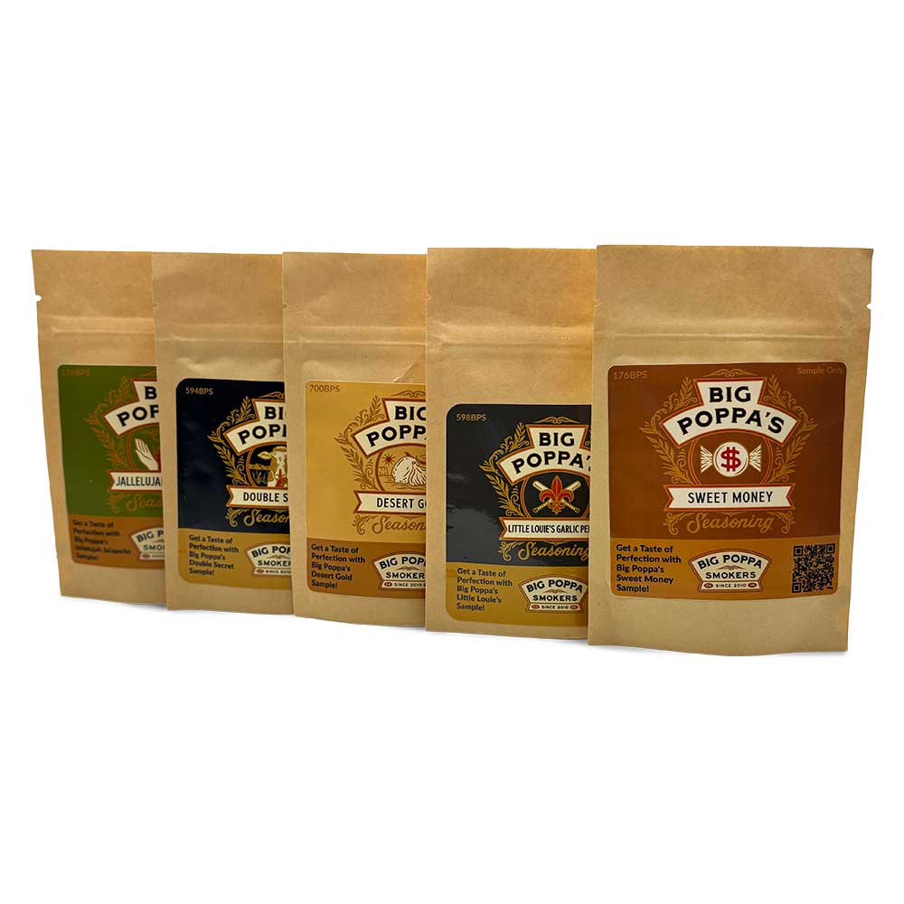 The Essentials Sampler Pack by Big Poppa Smokers featuring a variety of hand-crafted, locally-sourced rubs and sauces for