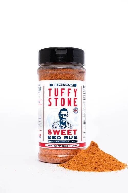 Close-up of Tuffy Stone Sweet BBQ Rub jar label highlighting ingredient list and handcrafted design details