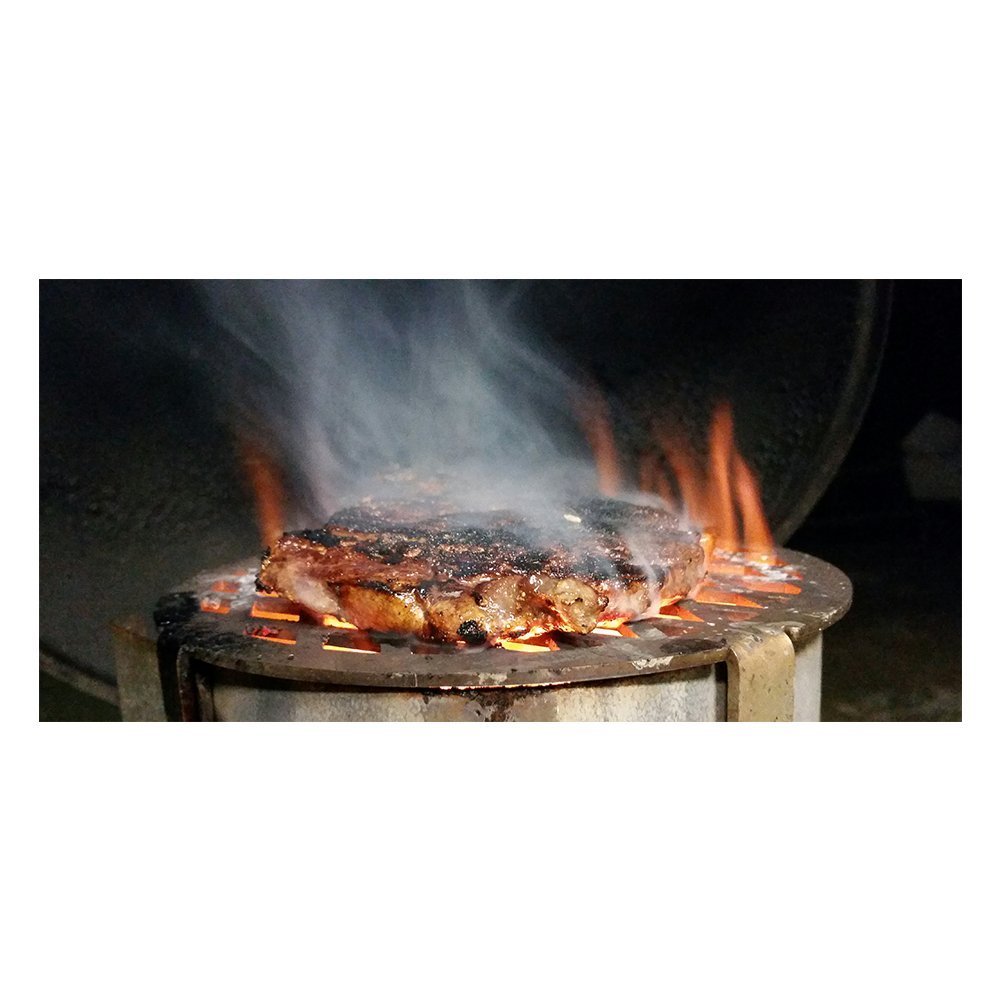 Close-up of the cylindrical, perforated lid with rust-resistant steel finish and chain handle on the BBQ chimney griller.