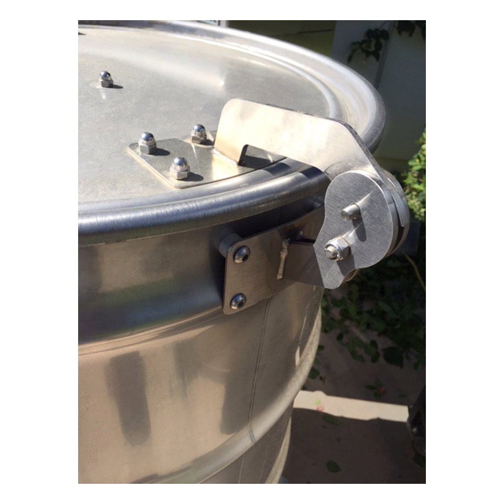 Close-up of the durable, black metal hinge with visible pin and textured surface for the BBQ drum smoker lid attachment.