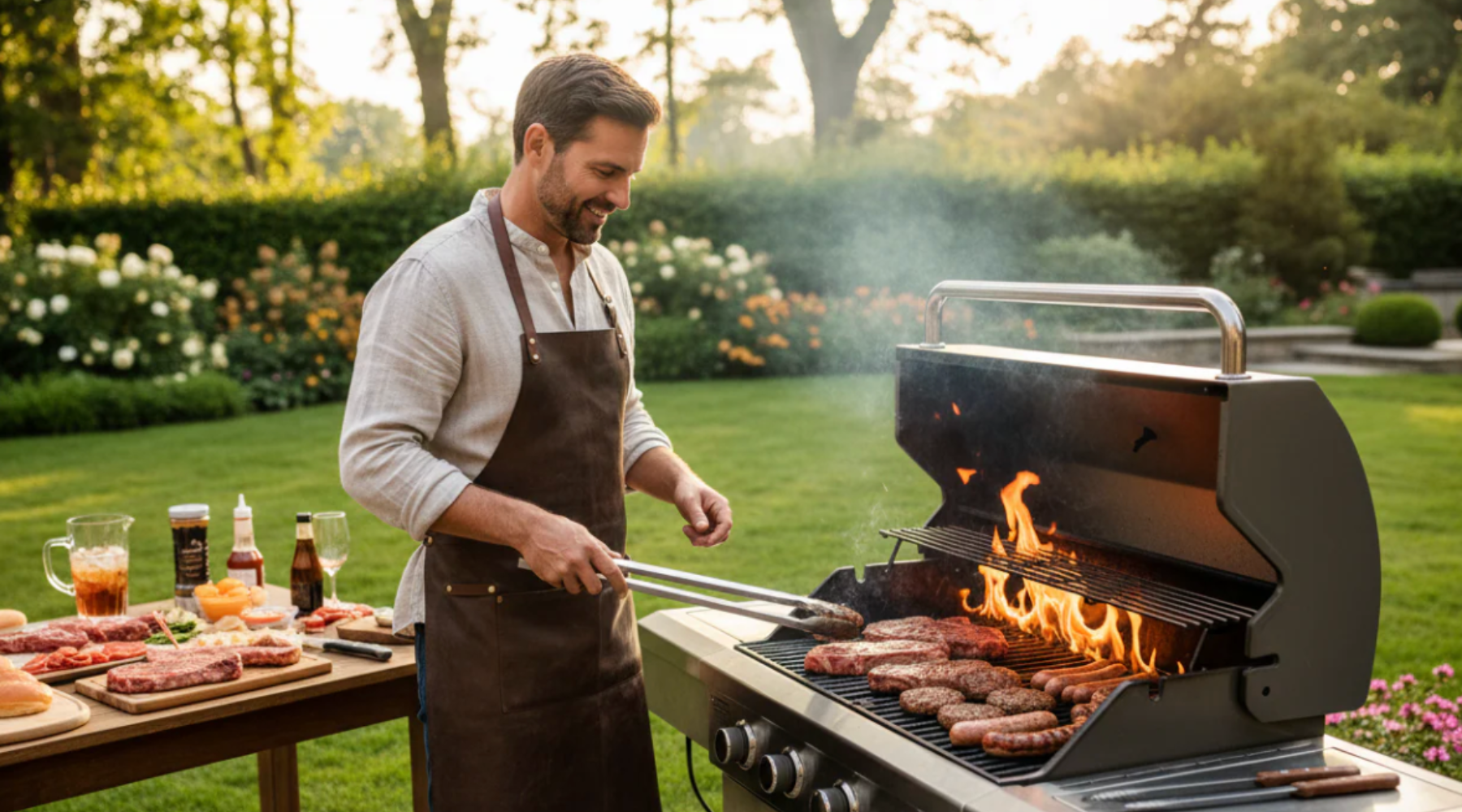 Man Cooking In the Backyard on a Gas Grill