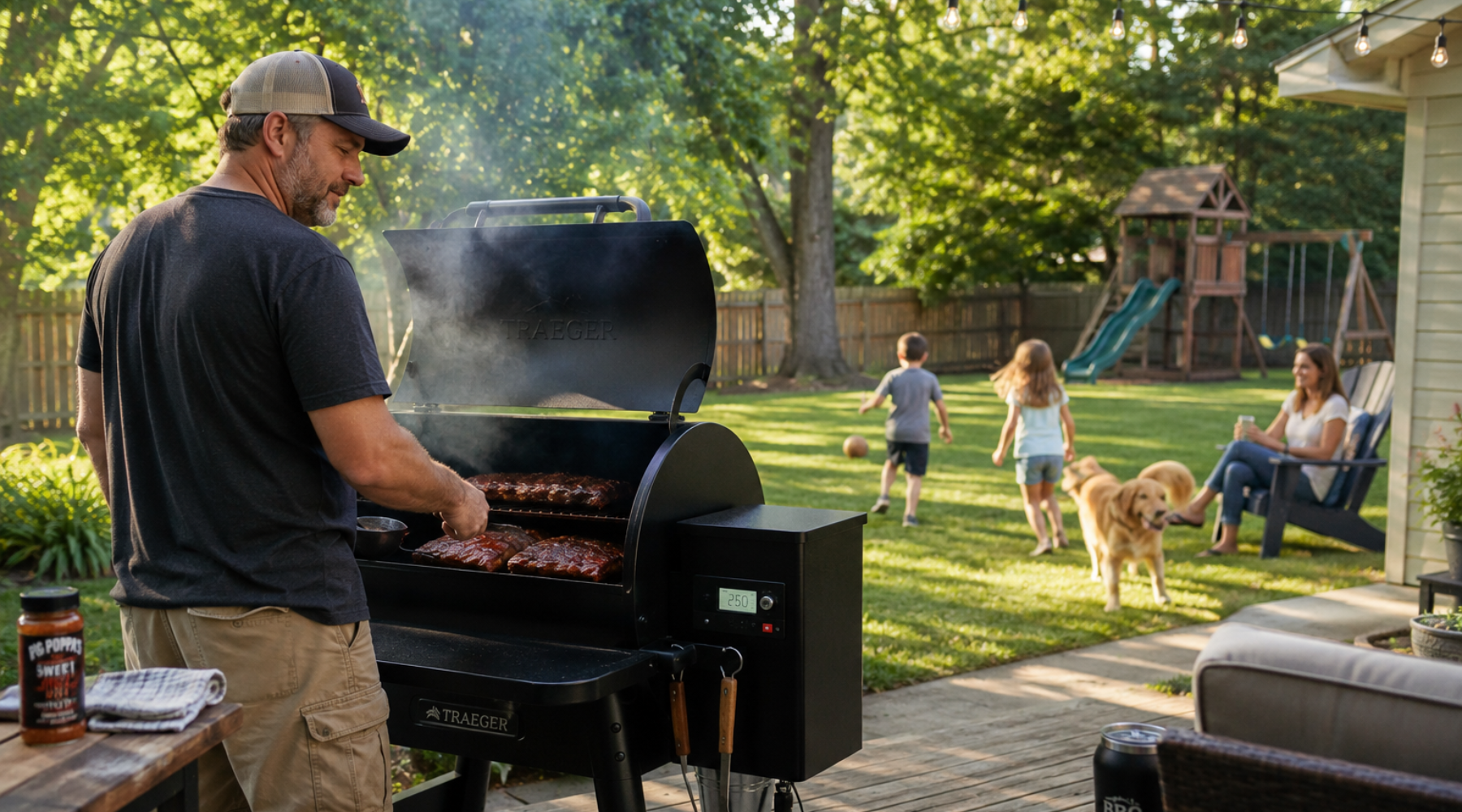40 year old cooking in the backyard on the pellet smoker