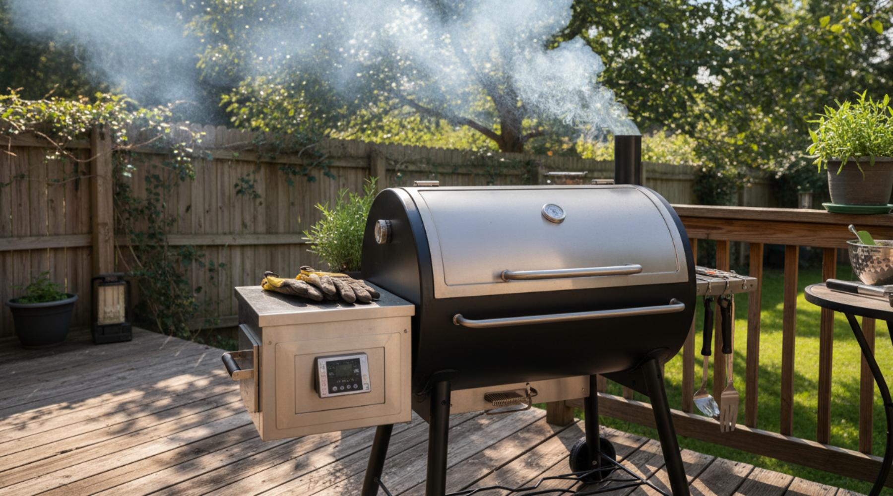 Thick white smoke billowing from a backyard smoker — a common rookie BBQ mistake covered in Big Poppa Smokers' beginner guide