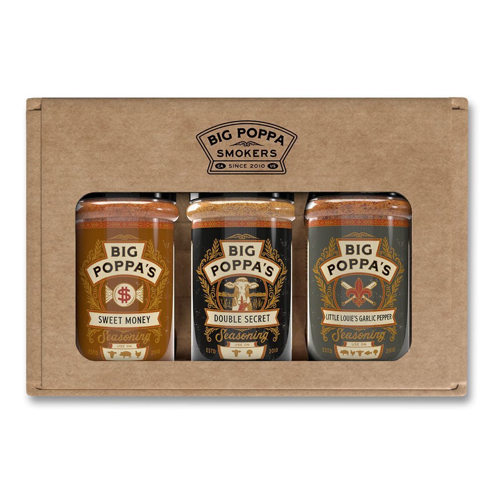 15th Anniversary Big Poppa Smokers signature rub set featuring Sweet Money, Double Secret, and Little Louie’s with colorful