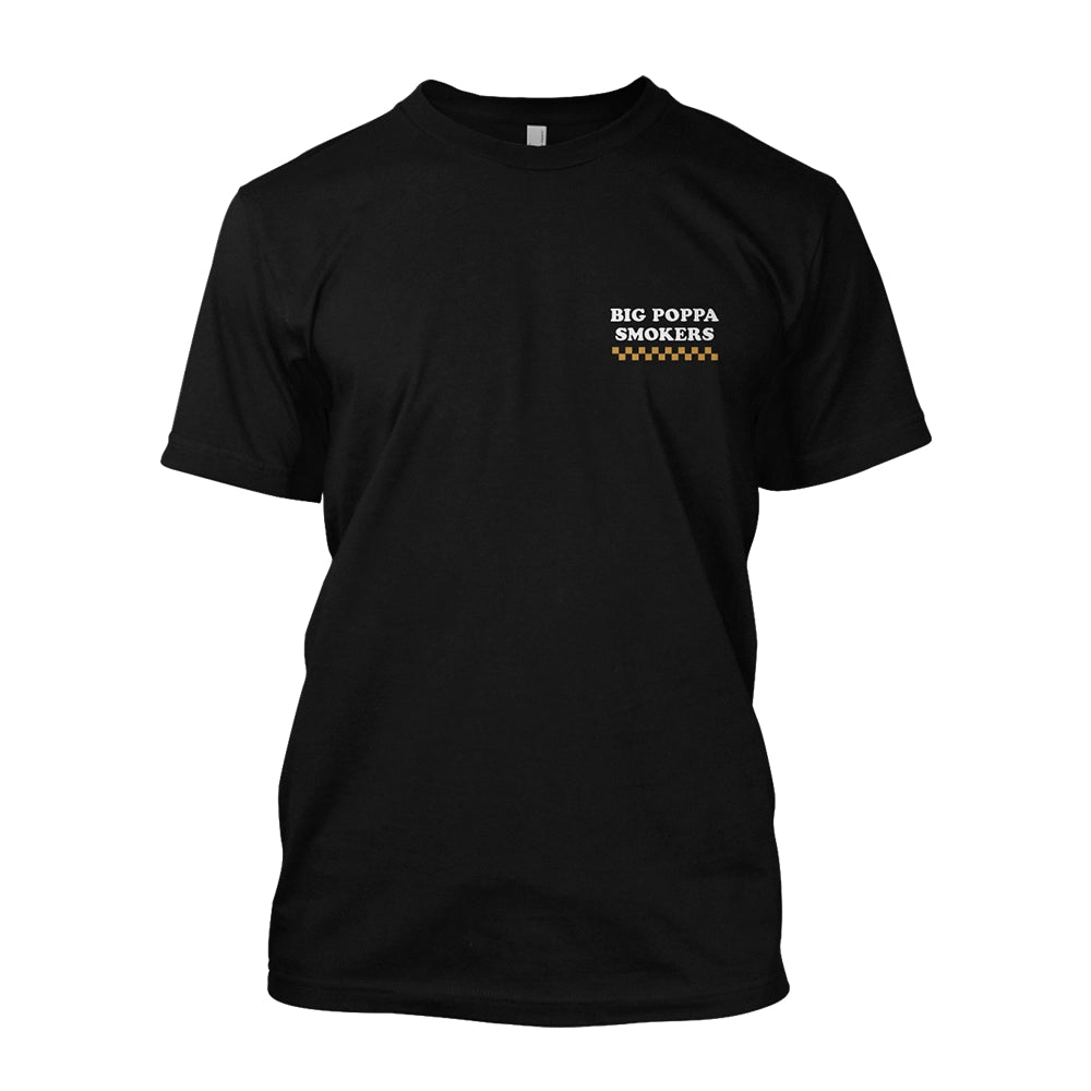 Black t-shirt with 'BIG POPPA SMOKERS' text on a white background