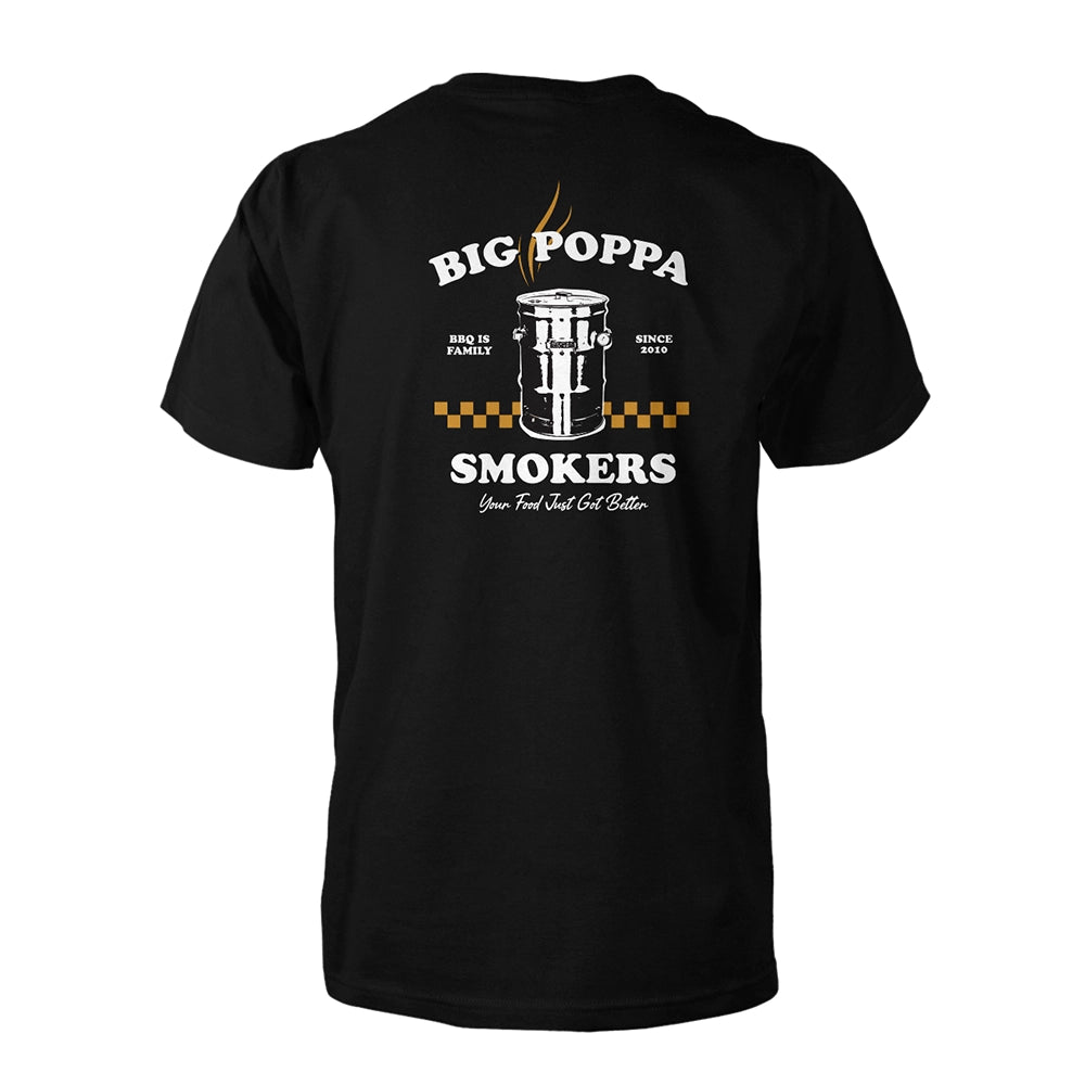 Black t-shirt with 'Big Poppa Smokers' graphic design on a white background
