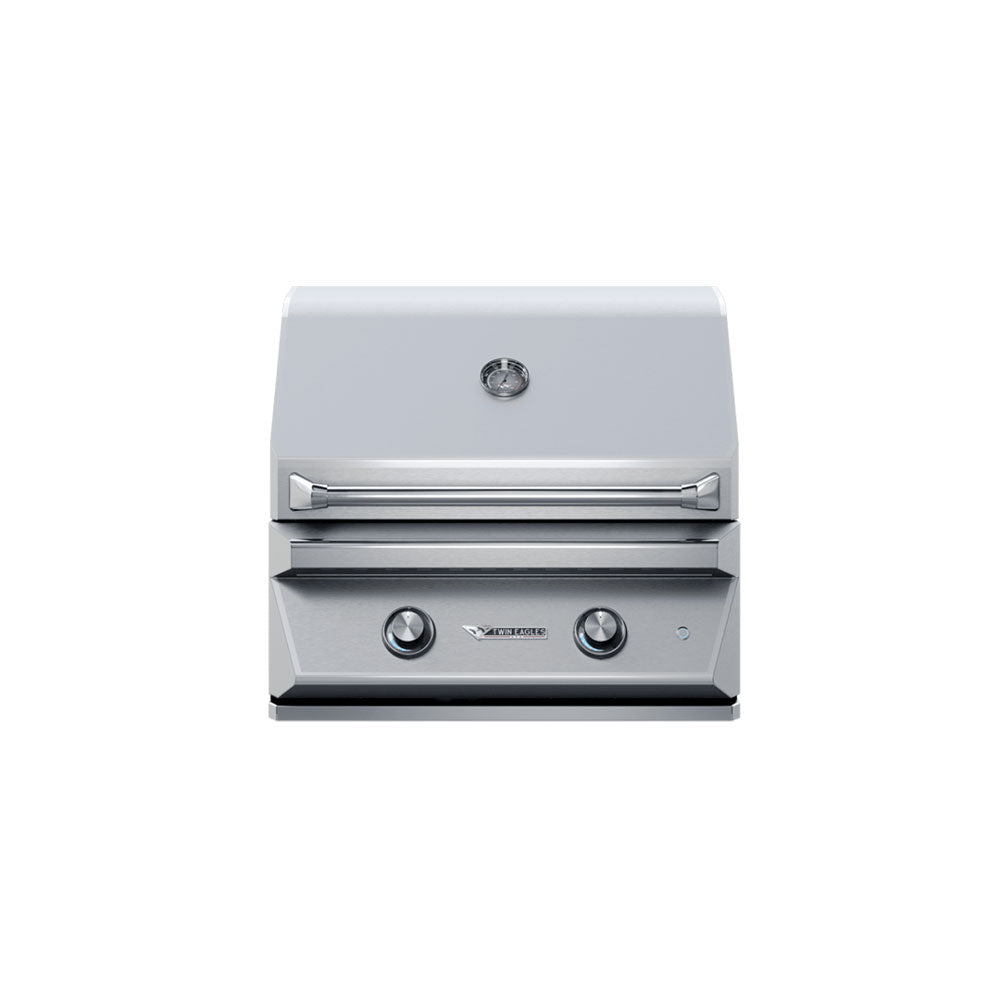 Twin Eagles 30-inch stainless steel gas grill with four burners, side shelves, and integrated thermometer