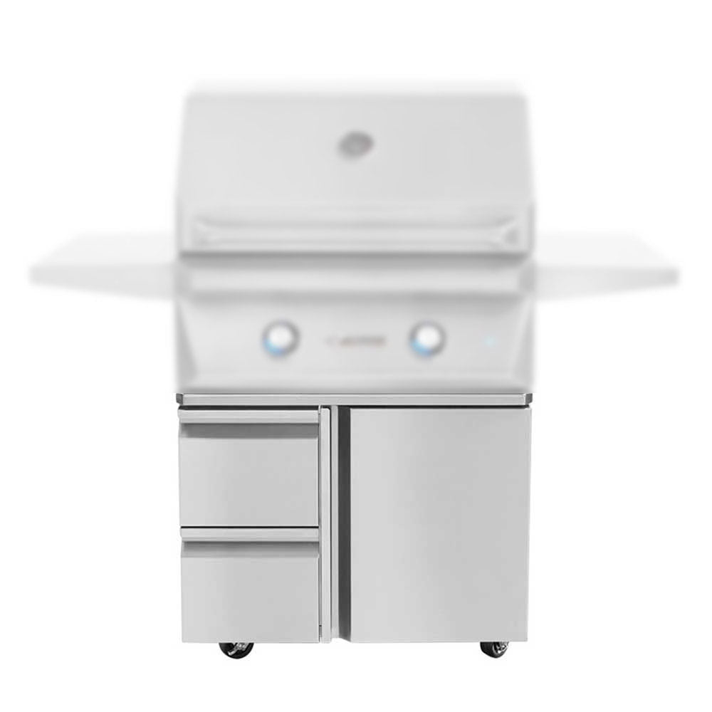Twin Eagles 30-inch stainless steel gas grill base with two storage drawers and a single door, textured brushed finish
