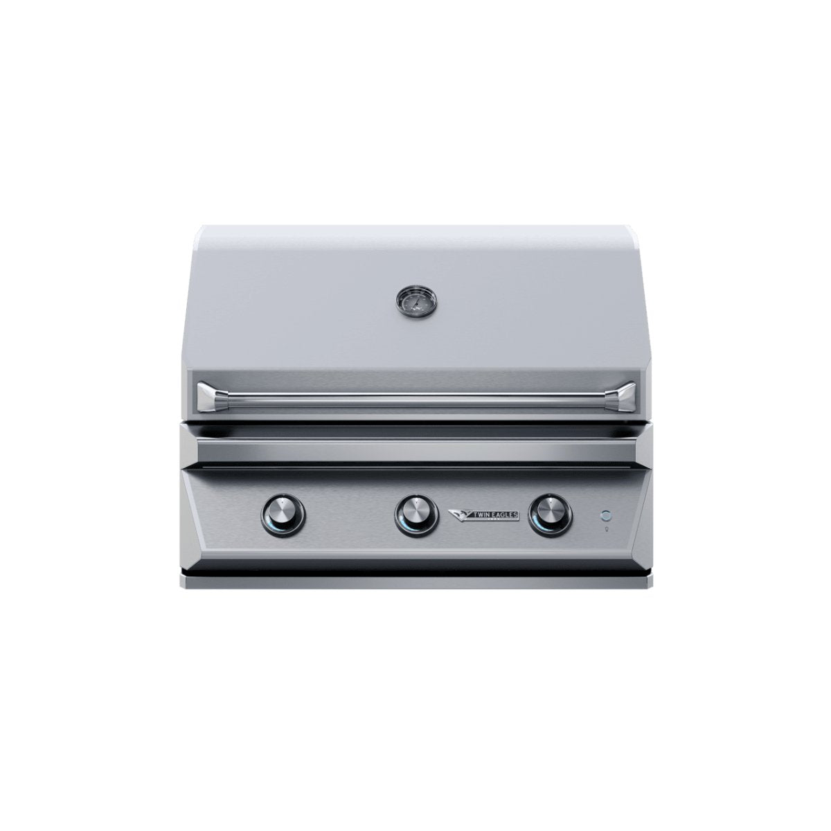 Twin Eagles 36-inch stainless steel gas grill with four burners, side shelves, and built-in thermometer