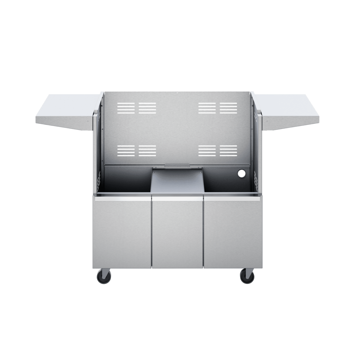 Front view of a stainless steel grill base with the lid open, revealing a spacious interior for the grill or smoker. The base features side shelves for additional workspace and three storage compartments below, including a drawer and two doors. The grill base is mounted on wheels for easy mobility.