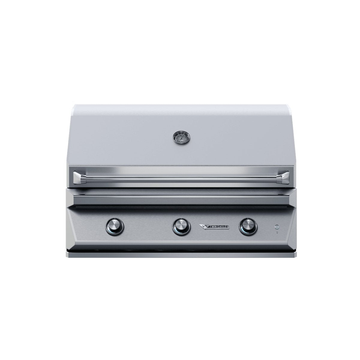 Twin Eagles 42-inch stainless steel gas grill with four burners, double side shelves, and built-in thermometer