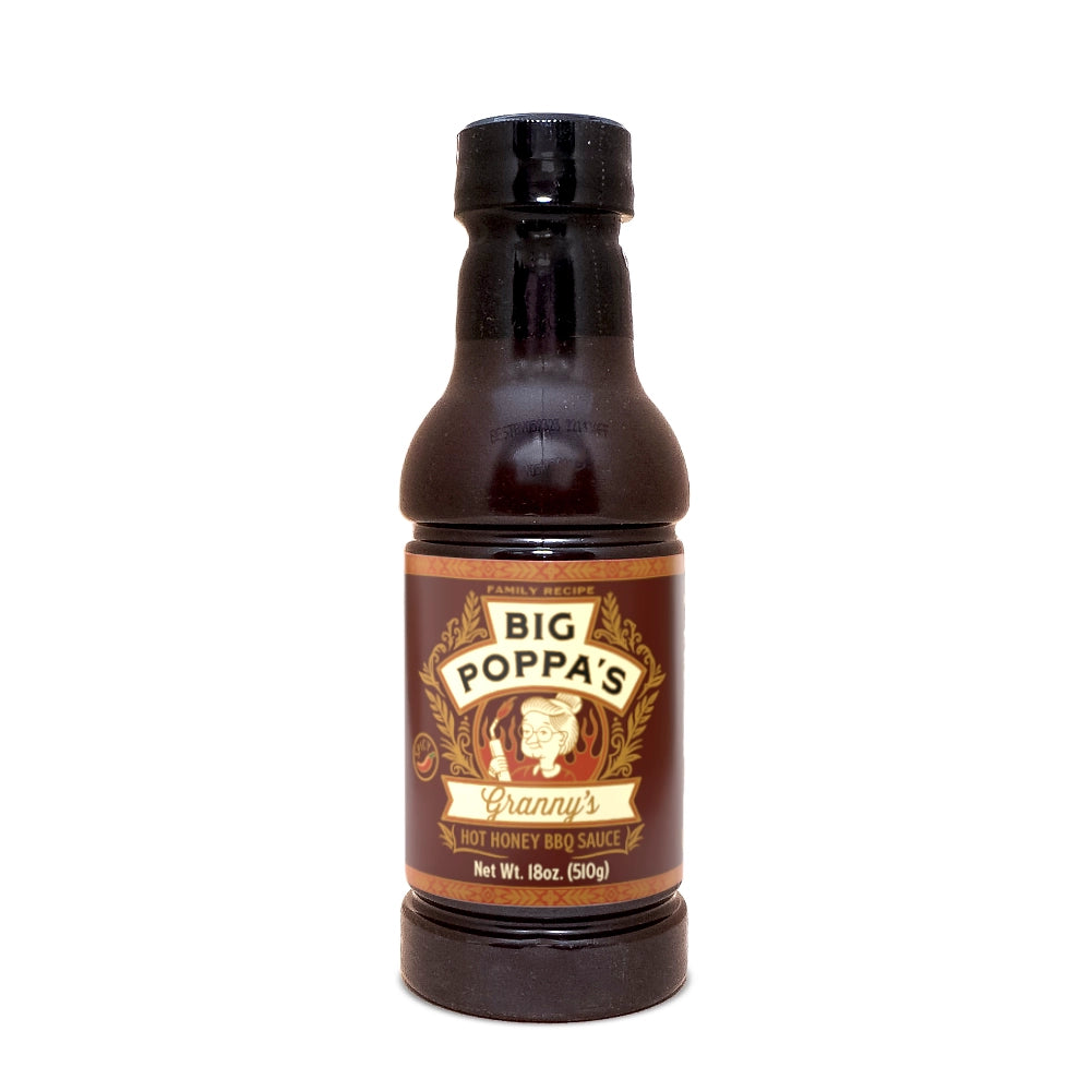 Bottle of Big Poppa's Hot Honey BBQ Sauce on a white background