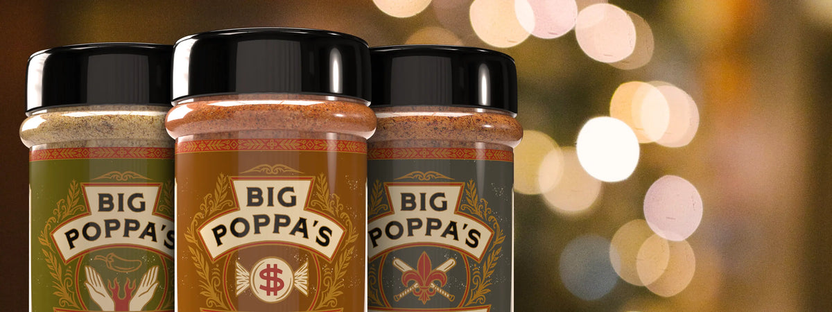 Big Poppa's seasoning with holiday lights in the background