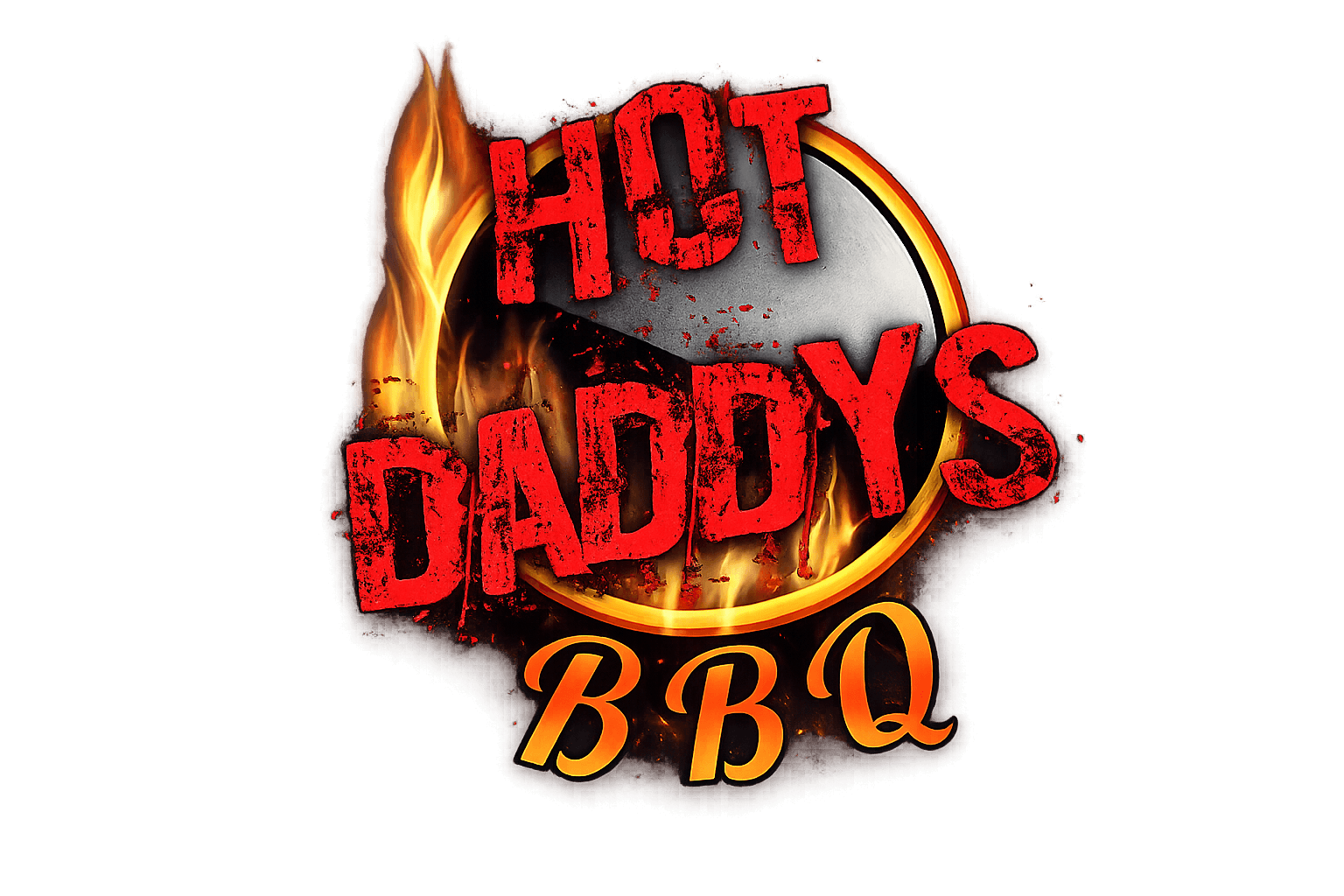 Logo for Hot Daddys BBQ with flames and a black background