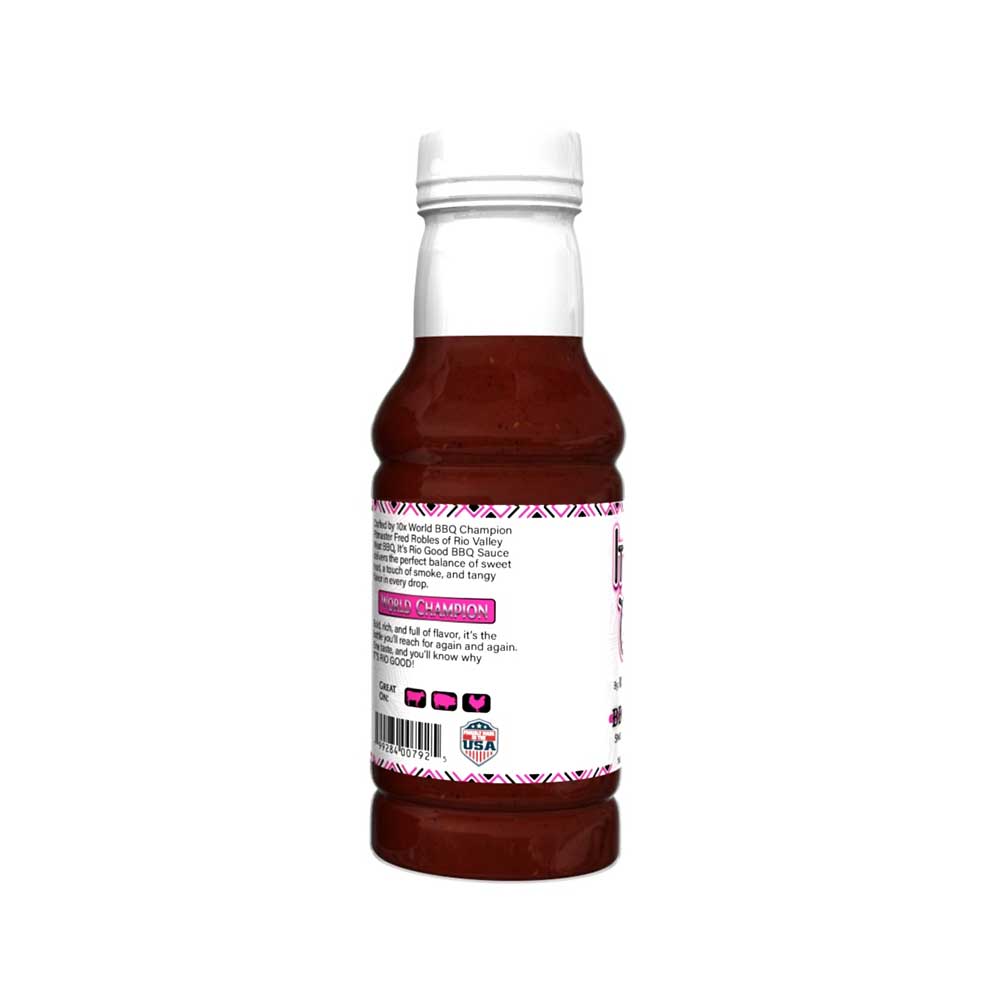 Close-up of Rio Valley Meat BBQ Sauce label highlighting organic ingredients and handcrafted details