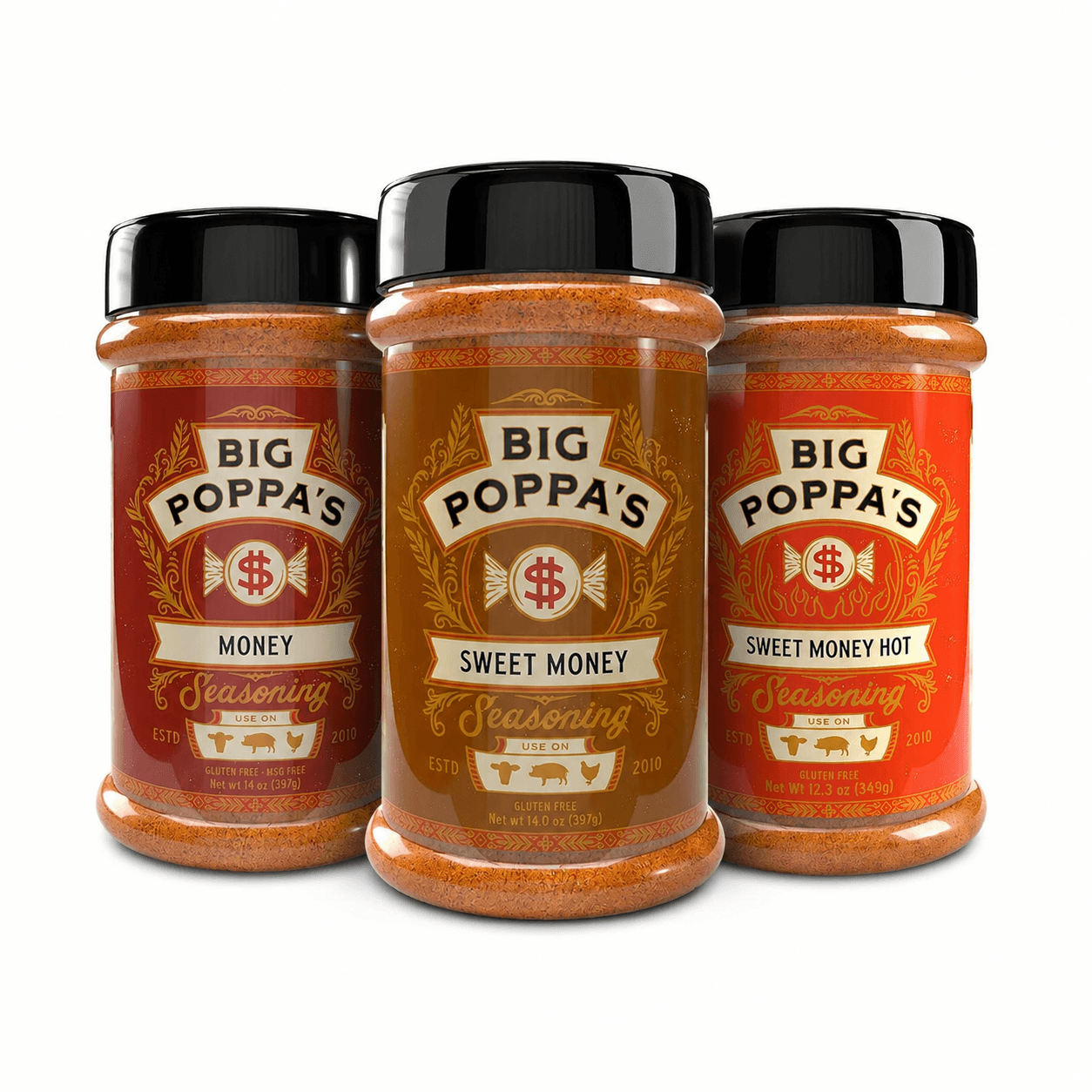 Three containers of Big Poppa’s seasoning: Money, Sweet Money, and Sweet Money Hot, on a white background.