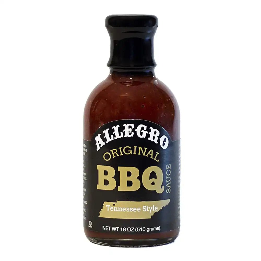 Allegro Original BBQ Sauce 18oz bottle with rustic label and spicy, tangy appearance for grilled meats and vegetables