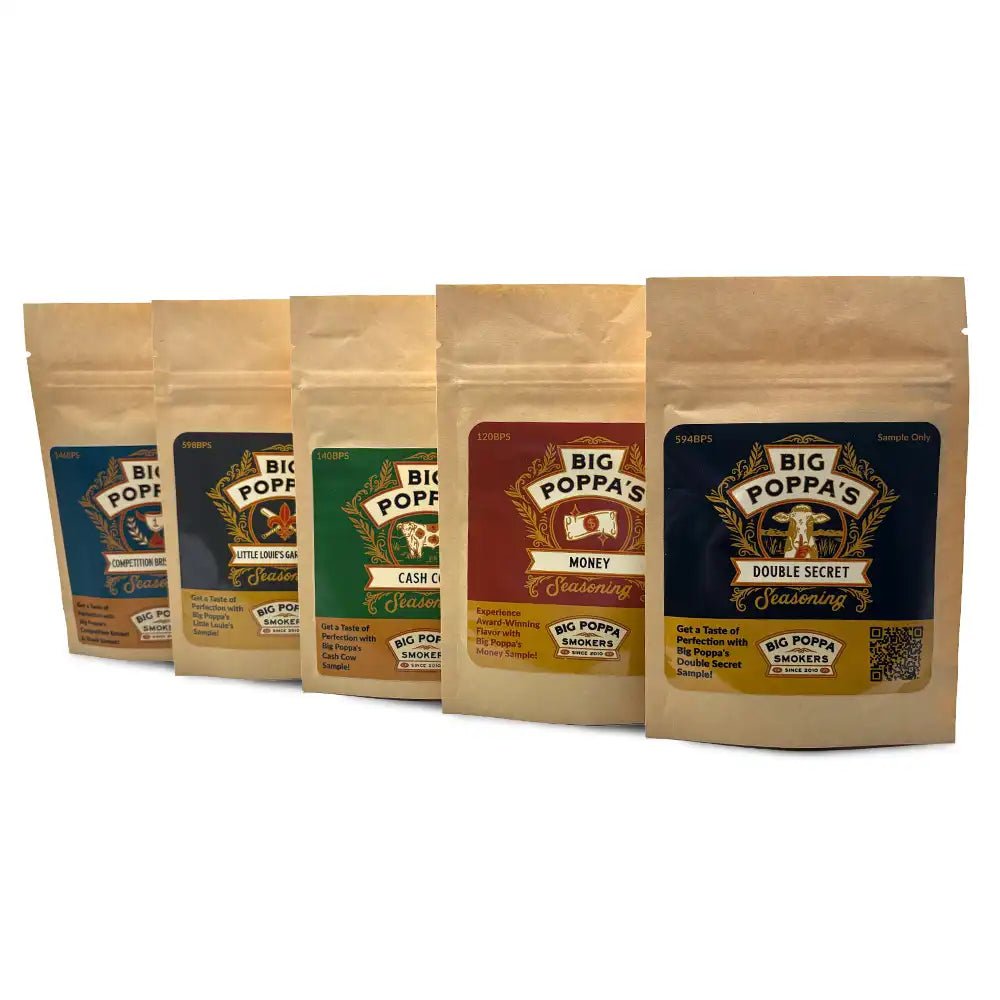 Big Poppa Smokers Beef Sampler Pack with grass-fed, farm-raised, hand-crafted rubs and sauces in resealable packaging