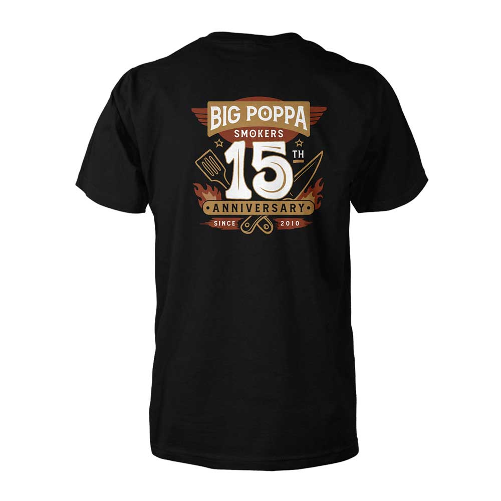 Close-up of the Big Poppa's 15th Anniversary T-Shirt’s neckline featuring subtle stitching and a sewn-in label detail
