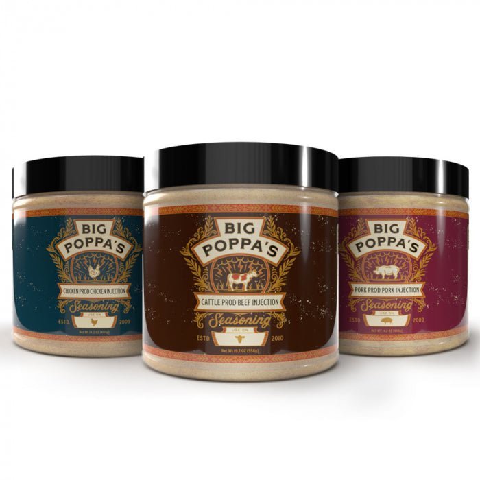 Big Poppa's BBQ Injections bottle with colorful label, showcasing flavorful marinades for juicy, tender beef, pork, and
