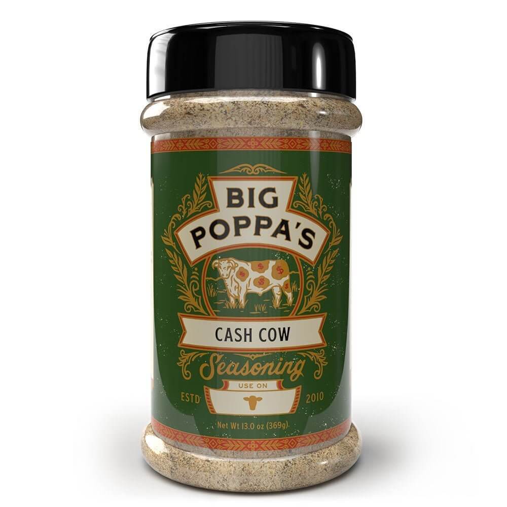 Big Poppa's Cash Cow Seasoning 13oz jar with bold black label, handcrafted beef rub with rich, smoky spices from Big Poppa