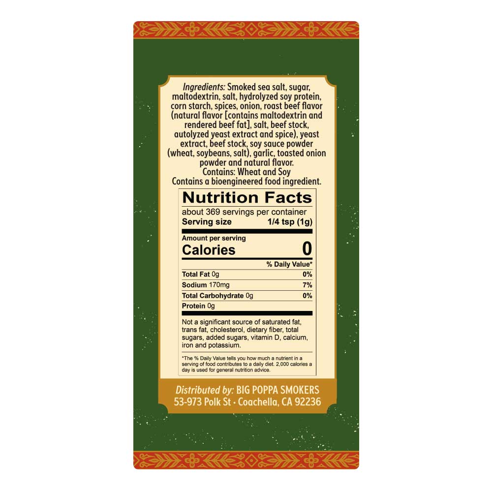 Close-up of Big Poppa's Cash Cow Seasoning 13oz label highlighting handcrafted, farm-raised ingredients and bold typography