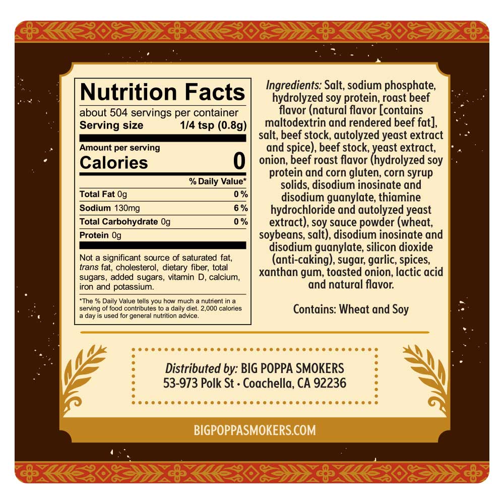 Close-up of Big Poppa's Cattle Prod Beef Injection label highlighting organic ingredients and farm-raised origins on the